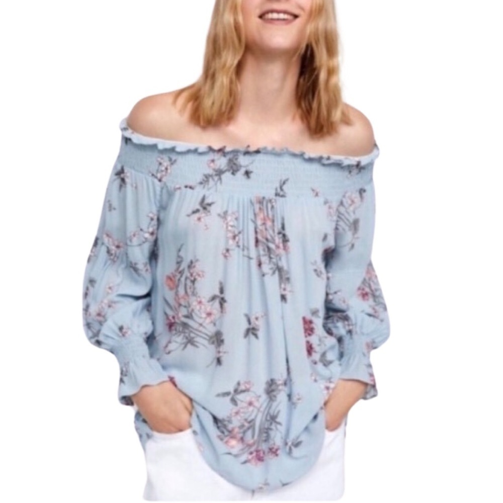 Zara Premium Denim Collection Floral Print Off Shoulder Top